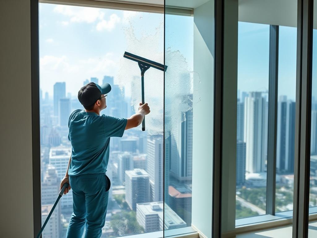 Window washing with skyline view