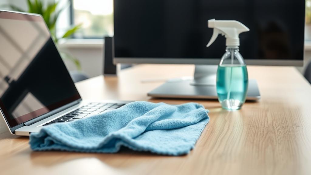 Wiping an office desk with a microfibre cloth