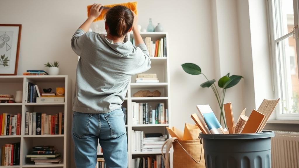 Wiping a bookshelf during a weekend home refresh
